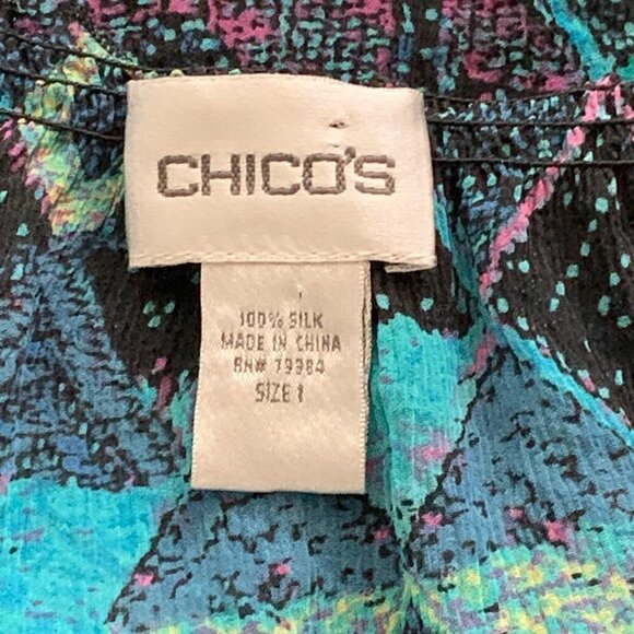 Chico's Silk Stretch Peasant Blouse Keyhole Tie Sz 1 (M/8) Blue Multicolor #61A - Picture 6 of 7